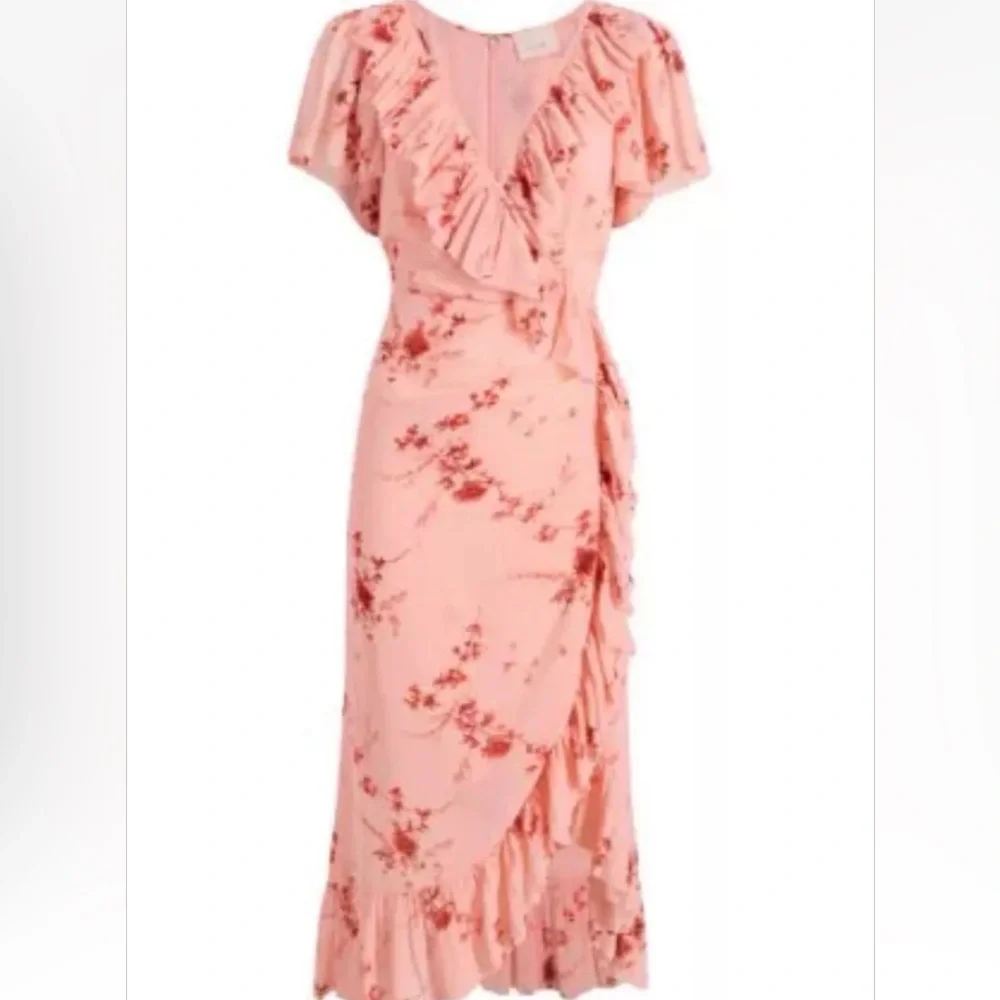 Cinq a Sept Fleur Sheila Faux Wrap dress. pale roseFloral Pink Ruffle Wrap Dress - Picture 12 of 15
